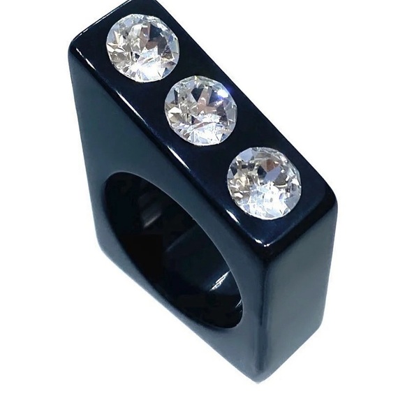 Black Acrylic Statement Ring Embellished With Genuine Crystals, Geometric Design - Picture 11 of 13